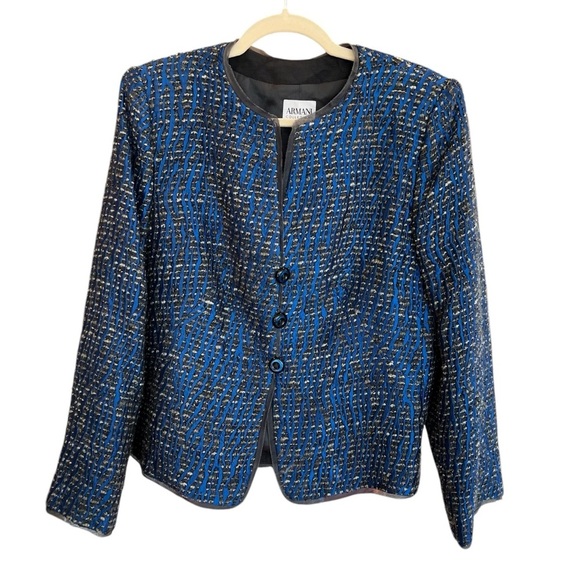 Armani Collezioni Textured Tweed Evening Blazer Jacket Blue Black 14 Cocktail - Picture 1 of 5